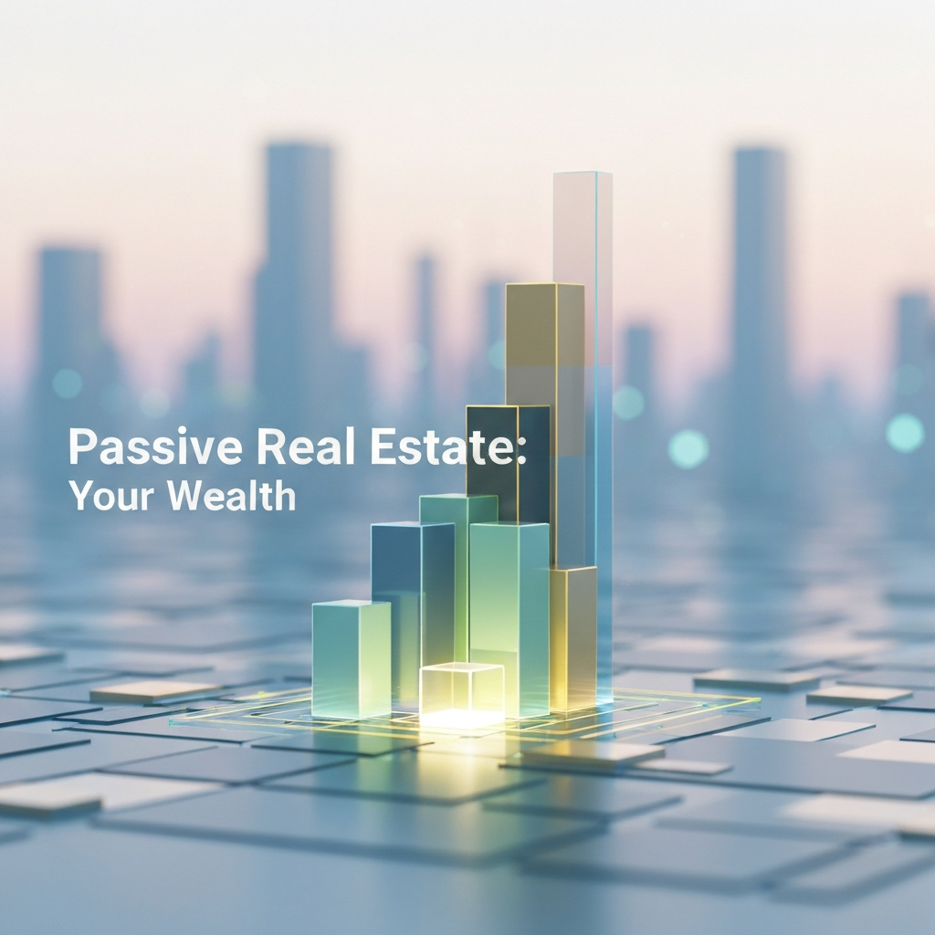 Abstract digital illustration of glowing geometric blocks assembling into a growing structure, symbolizing passive real estate investing for beginners to build wealth.